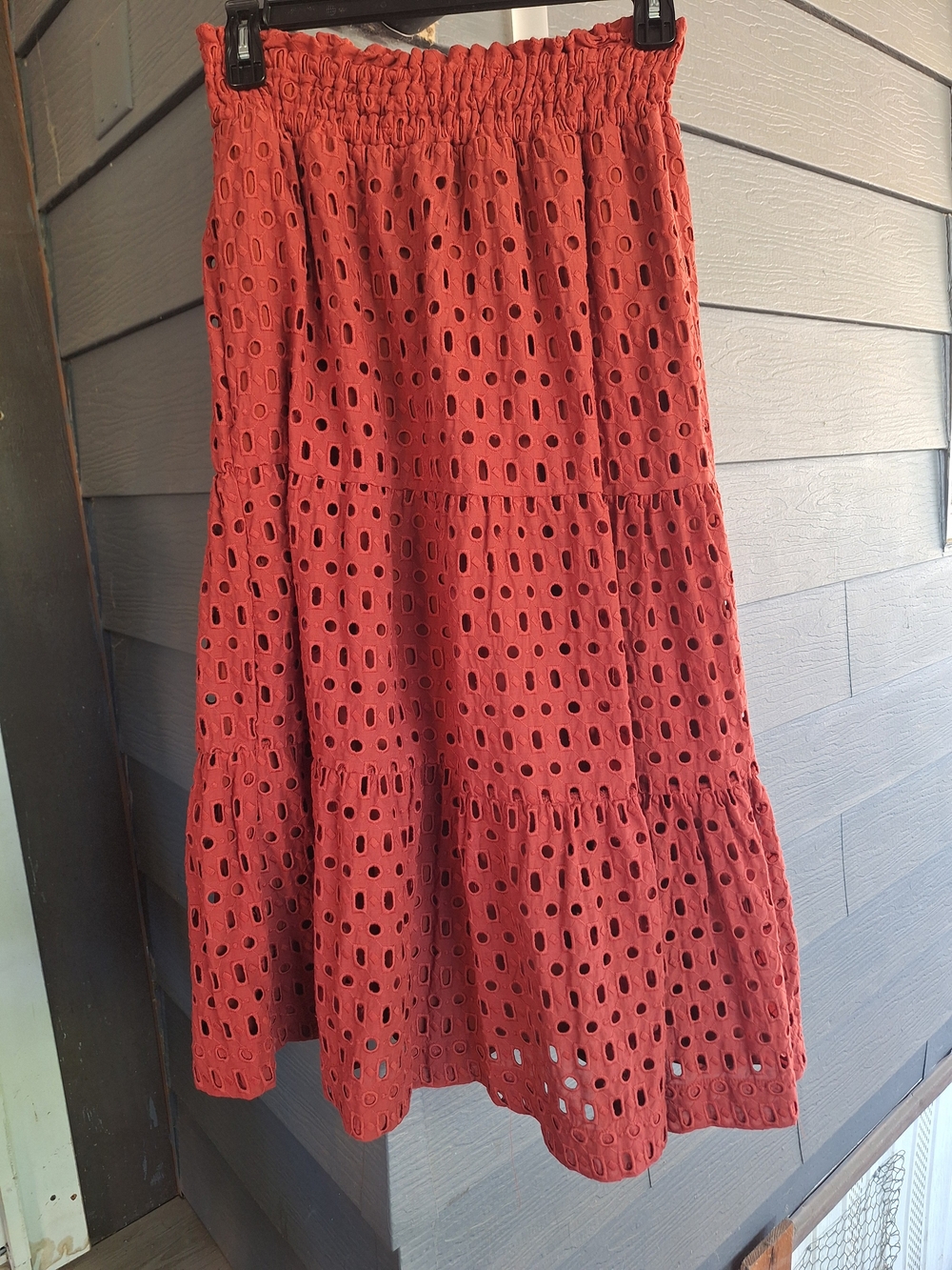 Anthropologie Rust Eyelet Tiered Midi Skirt